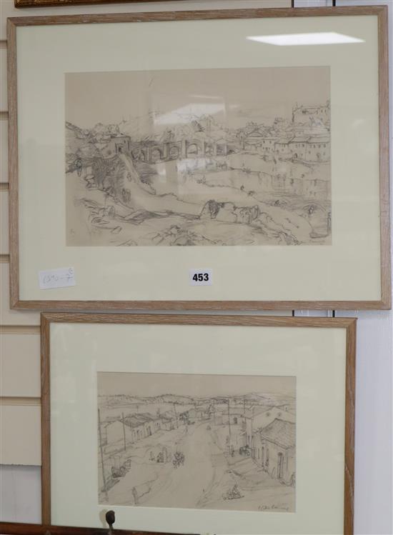 Phyllis Pearsall (Exhib.1929-1940), two pencil studies, Village street scene, Ireland and a Continental scene, largest 24 x 37cm